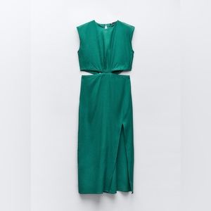 Zara Cut OUT LINEN BLEND MIDI DRESS Size Small. Color Teal